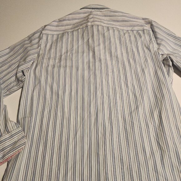 Egara Shirt Blue Striped Pink Flip Cuffs Modern Fit Stretch Mens Large - Picture 7 of 13